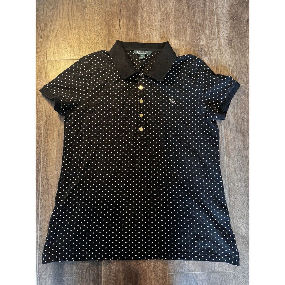 Lauren Ralph Lauren Women’s L Black White Polka Dot Polo Shirt Gold Buttons, EUC